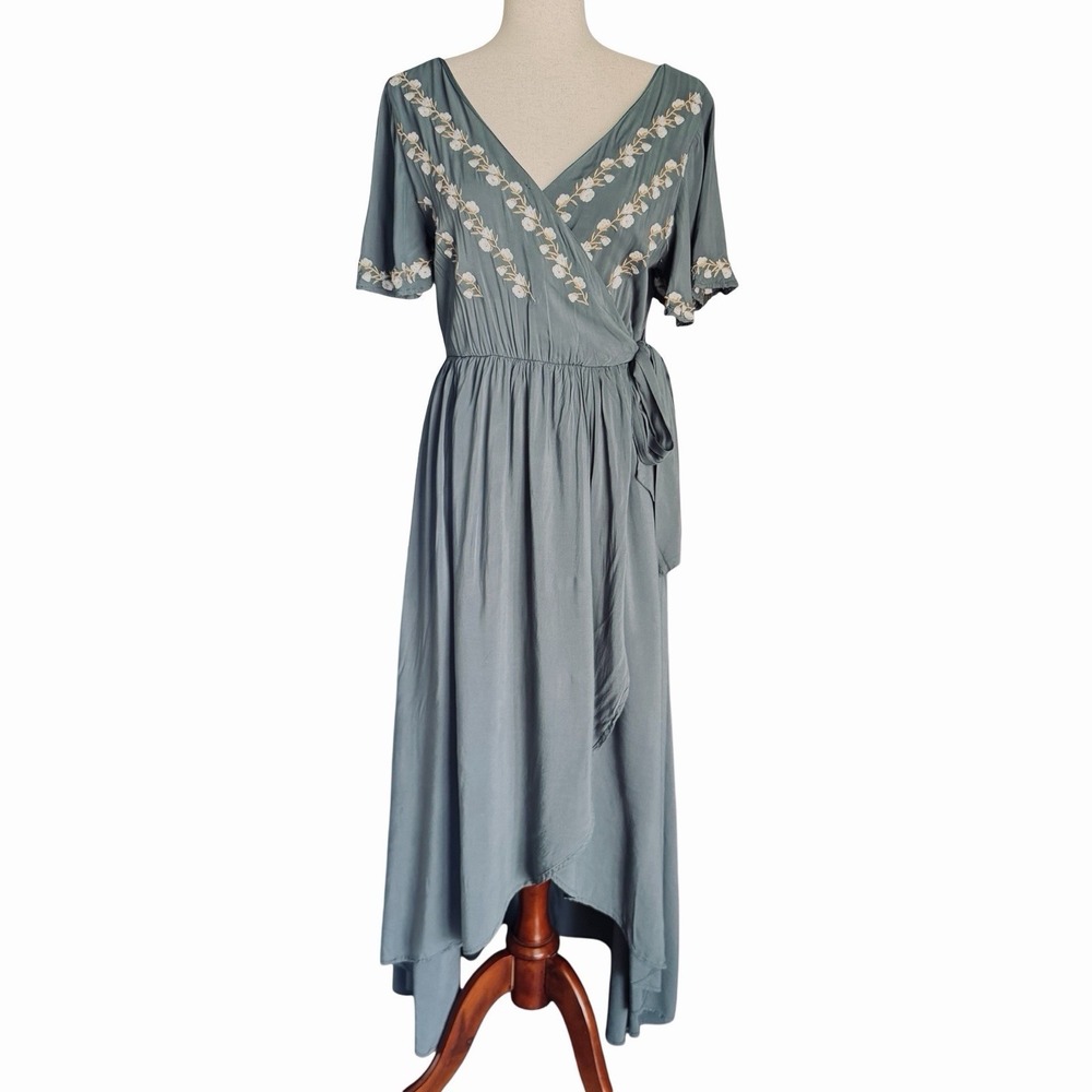 Pink + Sophie Faux Wrap Dress Small Asymmetrical Maxi Embroidered Floral Boho - Picture 2 of 10